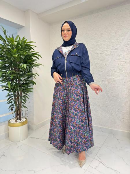 MYRED 50590 ETEĞİ DESENLİ CEKET TSHIRT ÜÇLÜ TAKIM LACİVERT