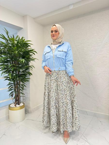 MYRED 50590 ETEĞİ DESENLİ CEKET TSHIRT ÜÇLÜ TAKIM MAVİ