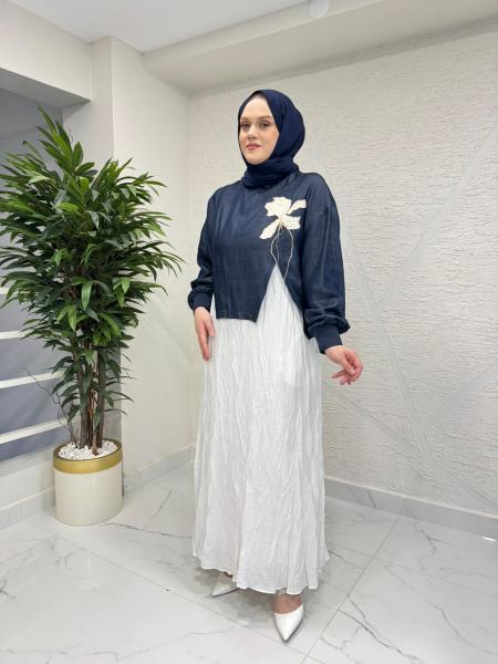 MISSEMRAMISS 5169 DOUBLE DREAM ELBİSE BLUZ TAKIM MAVİ-EKRU