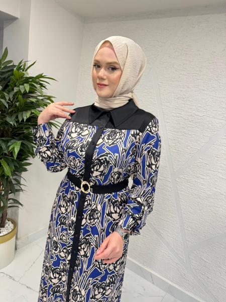 MISSEMRAMISS 5235 FİORA NOTTE ELBİSE LACİVERT DESENLİ