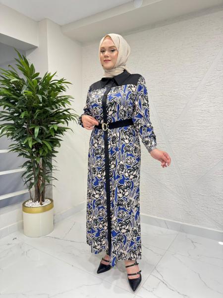 MISSEMRAMISS 5235 FİORA NOTTE ELBİSE LACİVERT DESENLİ