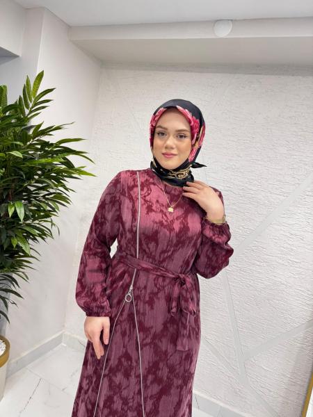 CLEMENCE 5393 YANLARI FERMUAR DETAYLI İPEK ELBİSE BORDO