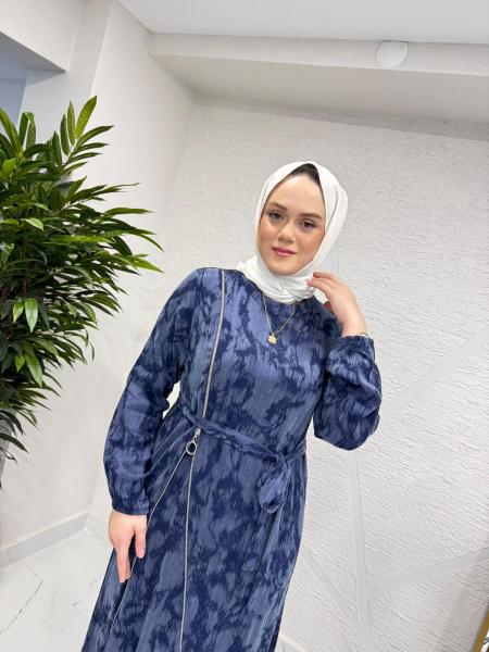 CLEMENCE 5393 YANLARI FERMUAR DETAYLI İPEK ELBİSE İNDİGO