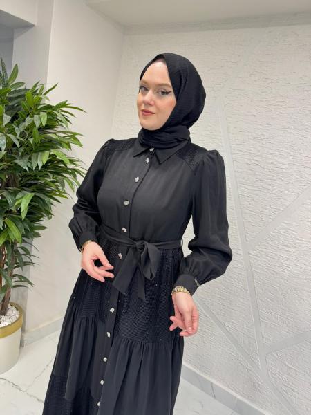 OTTO 5403 FİLE KOMBİNLİ TENCEL ELBİSE SİYAH