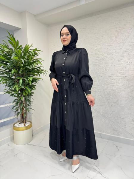 OTTO 5403 FİLE KOMBİNLİ TENCEL ELBİSE SİYAH