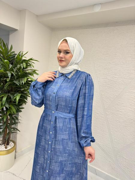 OTTO 5408 JAKAR YAKASI TAŞLI ELBİSE İNDİGO