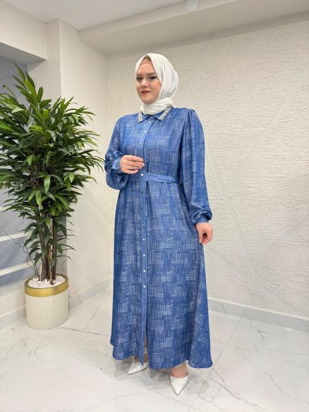 OTTO 5408 JAKAR YAKASI TAŞLI ELBİSE İNDİGO