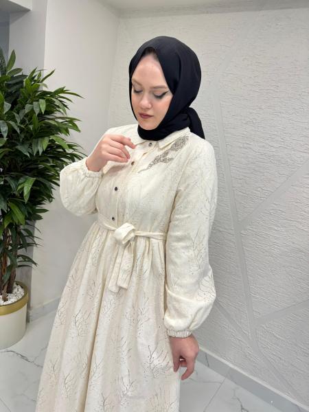 OTTO 5414 YAPRAK DESENLİ PAMUK ELBİSE BEJ