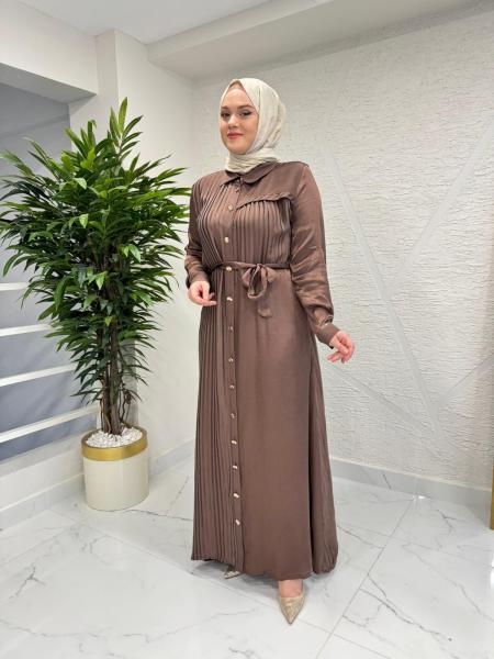 OTTO 5420 ÇİZGİ DESENLİ JAKAR ELBİSE KAHVERENGİ