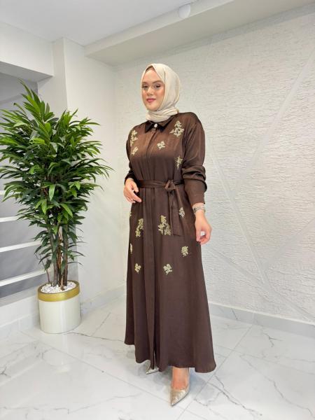 TUĞBA KOÇAK 544 NAKIŞ İŞLEMELİ ELBİSE KAHVERENGİ