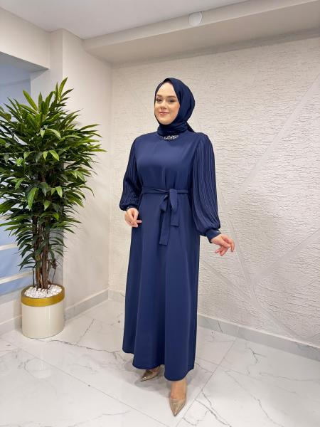 CLEMENCE 5449 KREP TAŞLI ELBİSE LACİVERT