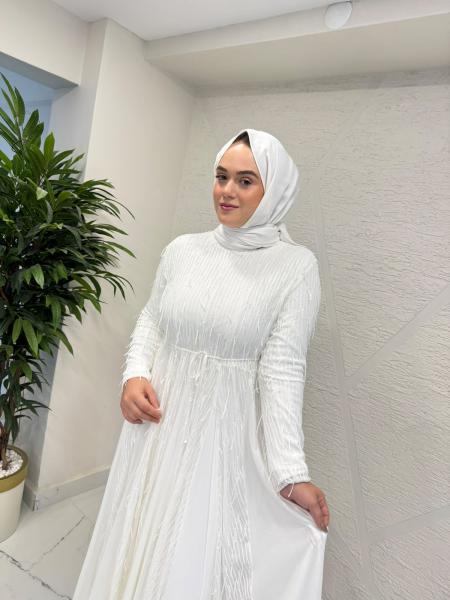 NAGE 5776 PÜSKÜLLÜ ELBİSE BEYAZ