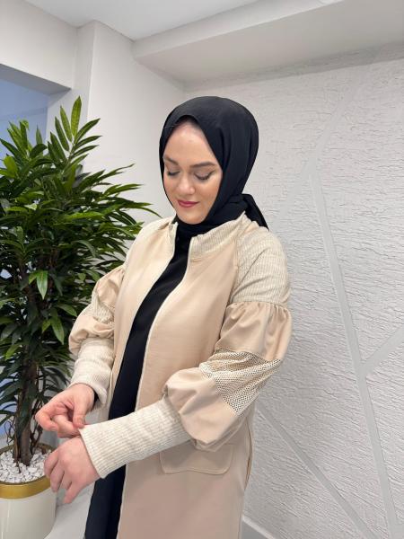 CEREMONY 5836 KOLLARI FİLE DETAYLI BELDEN BÜZGÜLÜ RND ÖRME KAP BEJ