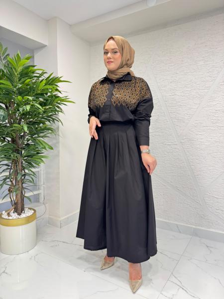 7 ALA OTANTİK 6066 POPLİN TAŞLI GÖMLEK TAKIM SİYAH