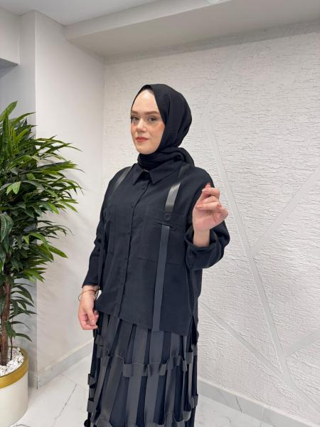 CEREMONY 6105-6609 ANJELİK OMUZDAN DERİ ASKILI DETAYLI TUNİK KAFES ETEK TAKIM SİYAH