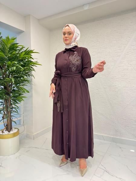 7 ALA OTANTİK 6138 MODAL KUMAŞ TAŞLI ELBİSE BORDO