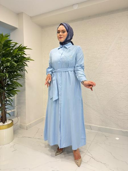 7 ALA OTANTİK 6138 MODAL KUMAŞ TAŞLI ELBİSE MAVİ