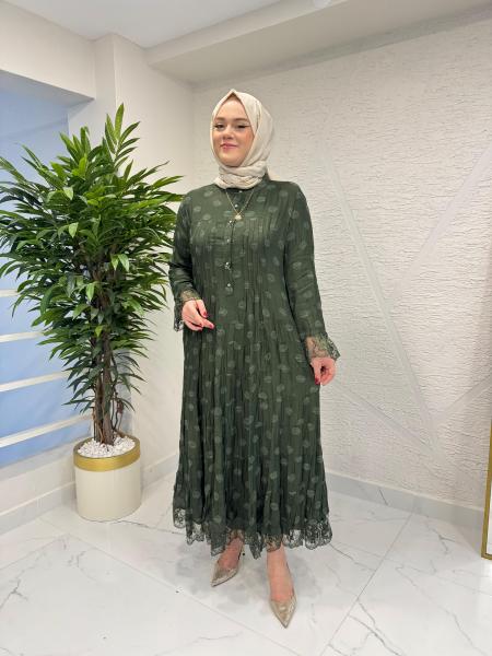 LISSMORE 6303 KOL UCU VE ETEK UCU DANTEL DETAYLI ELBİSE HAKİ