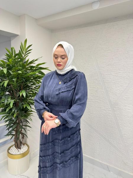 QASHE 6568 İPEK ELBİSE LACİVERT