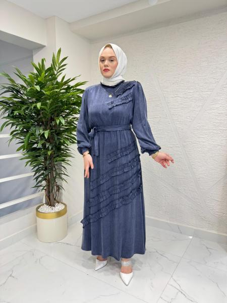 QASHE 6568 İPEK ELBİSE LACİVERT