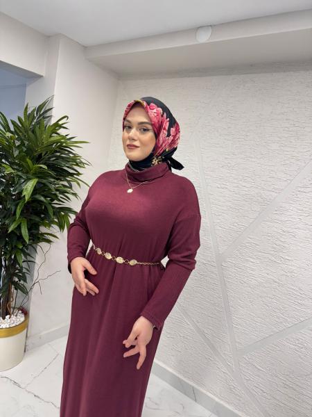 CEREMONY 6716 BALIKÇI YAKA KEMER AKSESUARLI TRİKO ELBİSE BORDO