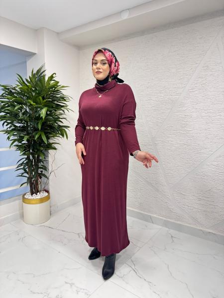 CEREMONY 6716 BALIKÇI YAKA KEMER AKSESUARLI TRİKO ELBİSE BORDO