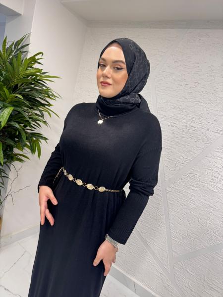 CEREMONY 6716 BALIKÇI YAKA KEMER AKSESUARLI TRİKO ELBİSE SİYAH