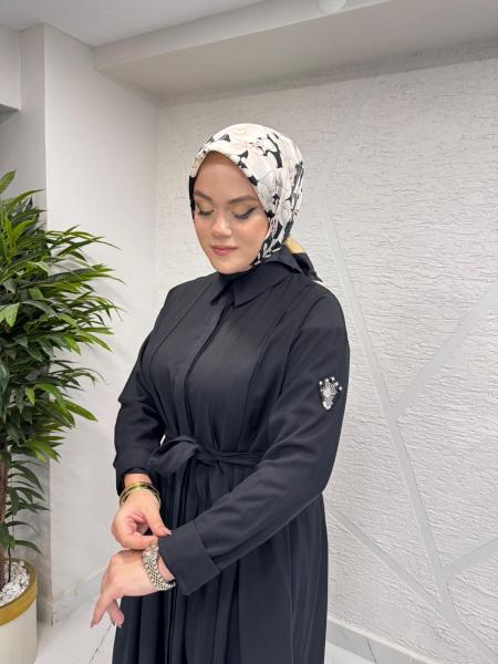 CEREMONY 6717 KOLU TAŞ DETAY ÖNDEN DÜĞMELİ BELDEN KUŞAKLI GÖMLEK ELBİSE SİYAH