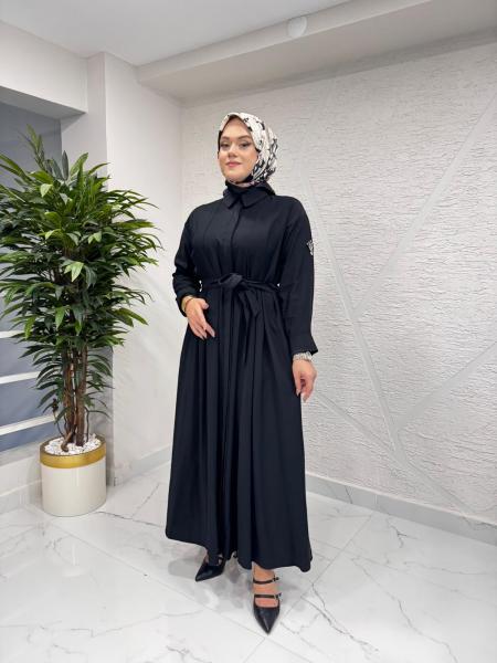 CEREMONY 6717 KOLU TAŞ DETAY ÖNDEN DÜĞMELİ BELDEN KUŞAKLI GÖMLEK ELBİSE SİYAH