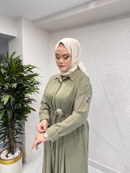 CEREMONY 6717 KOLU TAŞ DETAY ÖNDEN DÜĞMELİ BELDEN KUŞAKLI GÖMLEK ELBİSE HAKİ