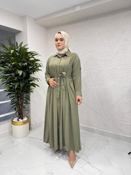 CEREMONY 6717 KOLU TAŞ DETAY ÖNDEN DÜĞMELİ BELDEN KUŞAKLI GÖMLEK ELBİSE HAKİ