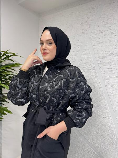 CEREMONY 6861 ÖNÜ KAPİTONE GARNİLİ KAPÜŞONLU ÖNDEN FERMUARLI TRENÇKOT SİYAH