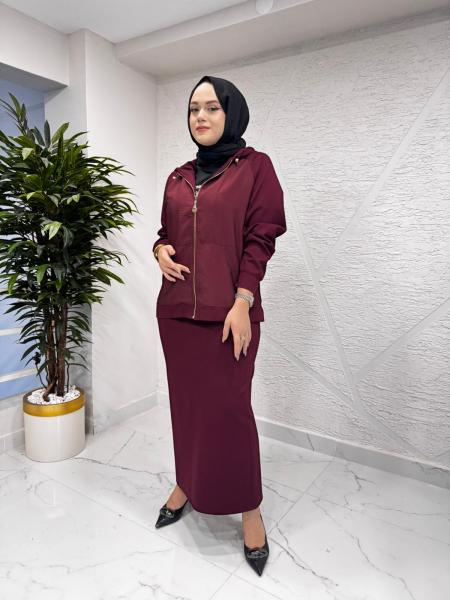 CEREMONY 6865 ÖNDEN FERMUARLI DUBAI GARNİLİ KAPÜŞONLU CEKET BORDO
