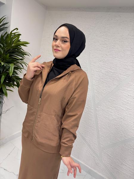 CEREMONY 6865 ÖNDEN FERMUARLI DUBAI GARNİLİ KAPÜŞONLU CEKET CAMEL