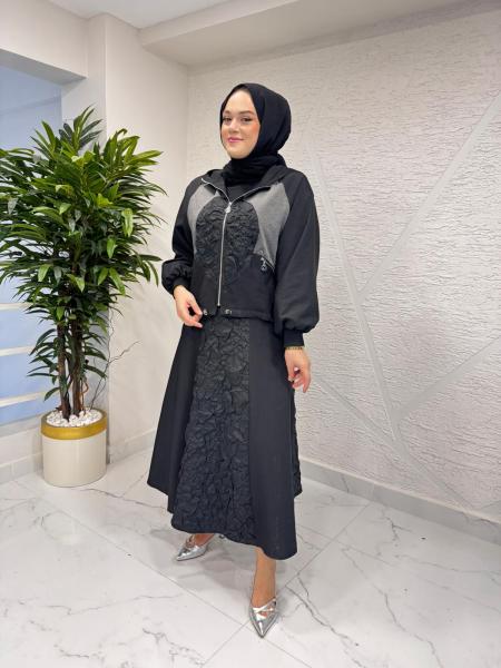 CEREMONY 6924 ÖNÜ VE CEPLERİ FERMUAR DETAYLI CEKETLİ ETEKLİ STAR TAKIM GRİ