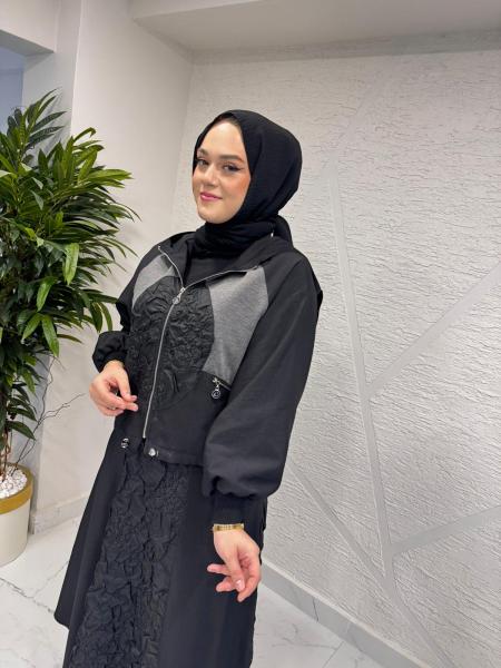 CEREMONY 6924 ÖNÜ VE CEPLERİ FERMUAR DETAYLI CEKETLİ ETEKLİ STAR TAKIM GRİ