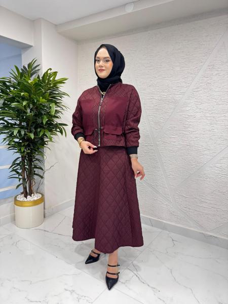 CEREMONY 6934 ÖNÜ FERMUARLI CEKET VE ETEKLİ BAKLAVA KAPİTONE TAKIM BORDO