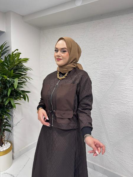 CEREMONY 6934 ÖNÜ FERMUARLI CEKET VE ETEKLİ BAKLAVA KAPİTONE TAKIM KAHVERENGİ