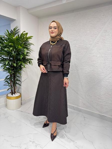 CEREMONY 6934 ÖNÜ FERMUARLI CEKET VE ETEKLİ BAKLAVA KAPİTONE TAKIM KAHVERENGİ