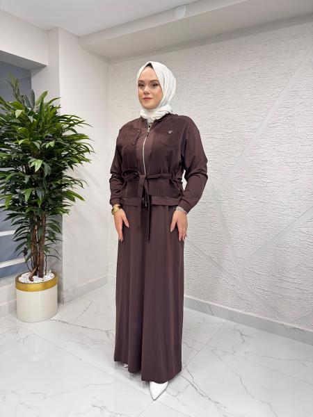 CEREMONY 6942 İÇ ELBİSESİ BAMBU ÖN İKİ PAT TAŞ DETAYLI TAKIM KAHVERENGİ