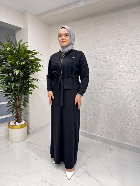 CEREMONY 6942 İÇ ELBİSESİ BAMBU ÖN İKİ PAT TAŞ DETAYLI TAKIM SİYAH