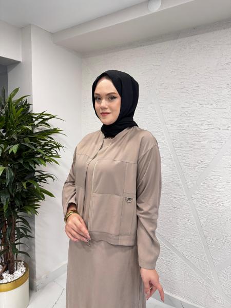 CEREMONY 6943 CEKETİ BAMBU DETAYLI ELBİSELİ TAKIM VİZON