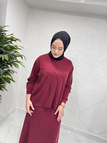 CEREMONY 6949 OVAL KESİKLİ TAŞ İŞLEMELİ ADEL ETEKLİ TAKIM BORDO