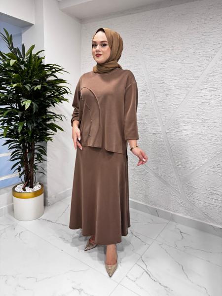 CEREMONY 6949 OVAL KESİKLİ TAŞ İŞLEMELİ ADEL ETEKLİ TAKIM KAHVERENGİ
