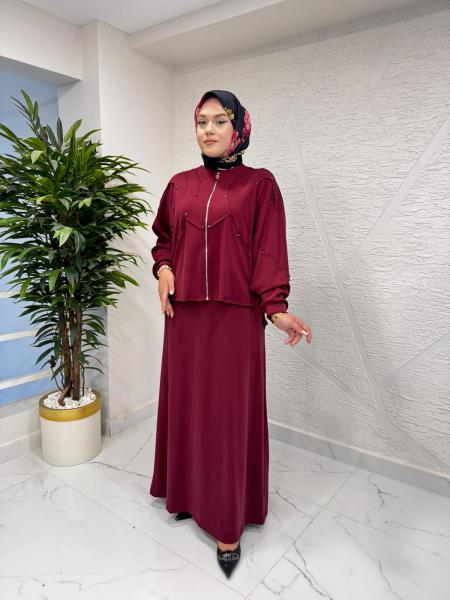 CEREMONY 6952 OVAL KESİKLİ TAŞ İŞLEMELİ BOLEROLU ADEL TAKIM BORDO