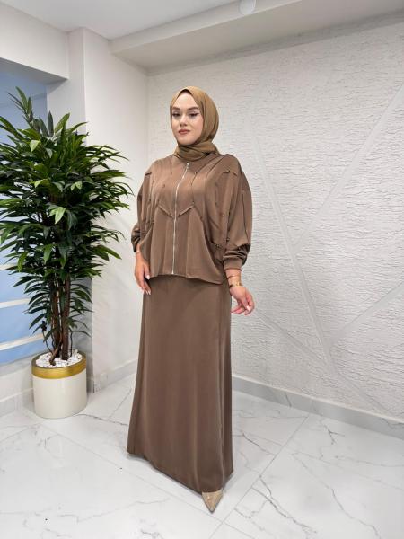 CEREMONY 6952 OVAL KESİKLİ TAŞ İŞLEMELİ BOLEROLU ADEL TAKIM KAHVERENGİ