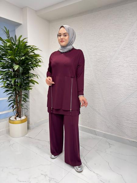 CEREMONY 6955 ÖNDEN ÇİFT FERMUARLI KAPÜŞONLU PANTOLONLU TAKIM MÜRDÜM