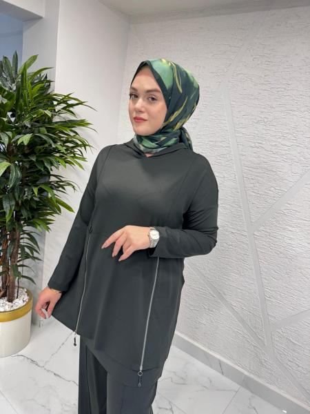 CEREMONY 6955 ÖNDEN ÇİFT FERMUARLI KAPÜŞONLU PANTOLONLU TAKIM YEŞİL
