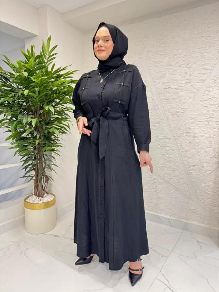 CEREMONY 26Y702 KAFES DETAYLI BELDEN KUŞAKLI KETEN ELBİSE SİYAH