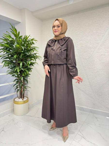 OTTO 7439 YAKA BÜZGÜLÜ ETEKLİ TAKIM KAHVERENGİ